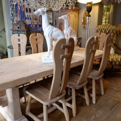 Suite of 6 high-backed chairs in light oak in the Brutalist style ca.1960