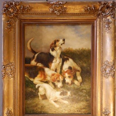 Oil on canvas "Dogs at the Burrow" by T.Fairfax - England late 19th century