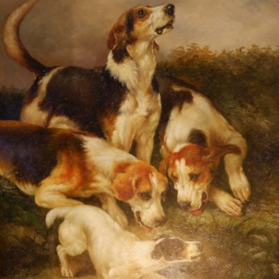 Oil on canvas "Dogs at the Burrow" by T.Fairfax - England late 19th century