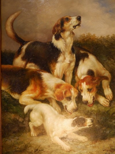 Huile sur toile “chiens au terrier” par T.Fairfax – Angleterre fin XIXe