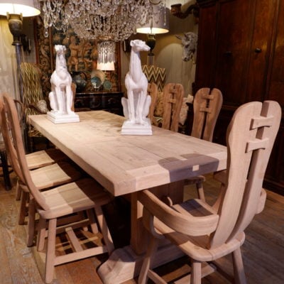 Suite of 6 high-back chairs in raw light oak ca.1960