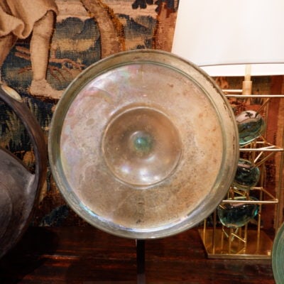 Large iridescent glass dish Roman period on bronze base 2nd century