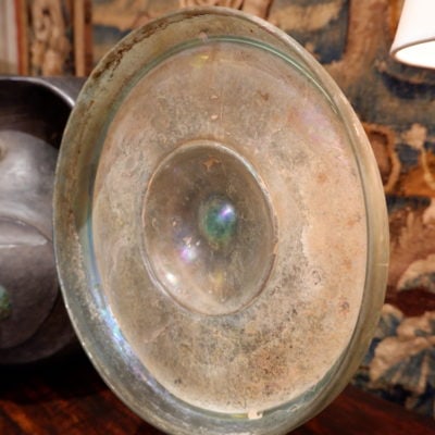 Large iridescent glass dish Roman period on bronze base 2nd century