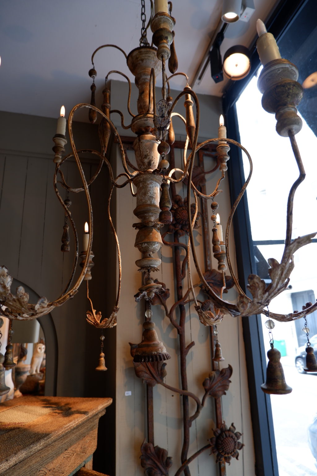 Very large metal leaf chandelier with carved wooden wicks ca.1800