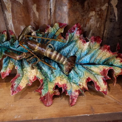 Large leaf in barbotine decorated with lobster by Thomas Sergent ca.1875