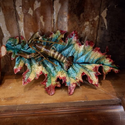 Large leaf in barbotine decorated with lobster by Thomas Sergent ca.1875