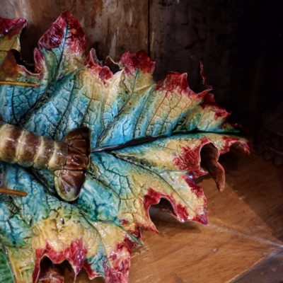 Large leaf in barbotine decorated with lobster by Thomas Sergent ca.1875