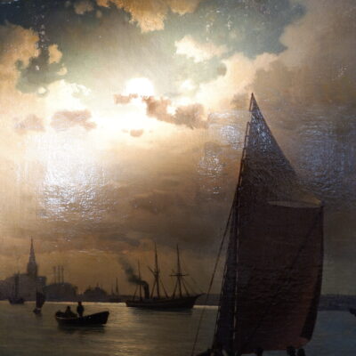 Huile sur toile Vue nocturne d’un port en Norvège par Johan Christian Clausen Dahl ca.1857
