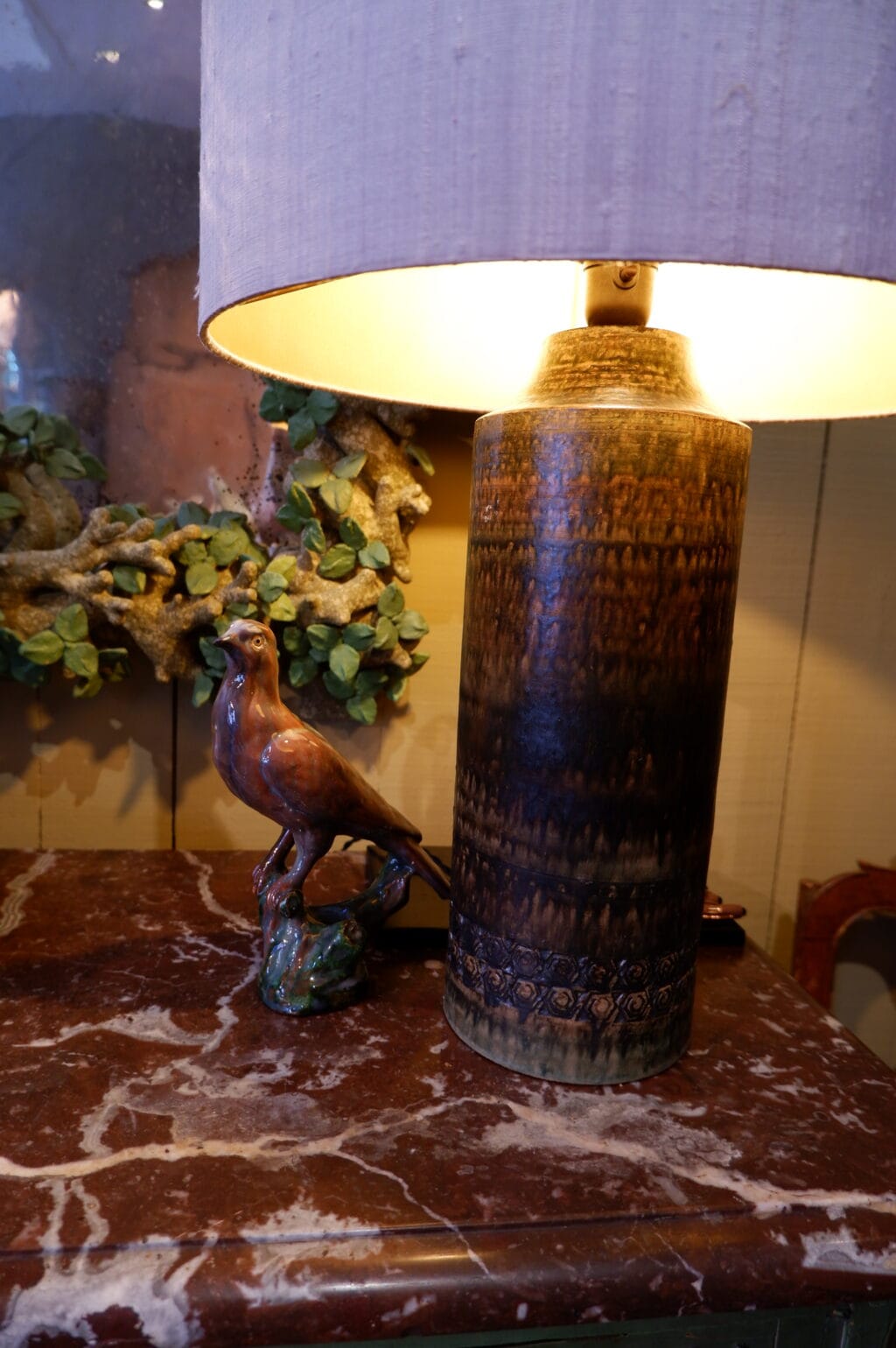 Paire de lampes suédoises en grés décor kaki charbon + AJ soie – Image 4