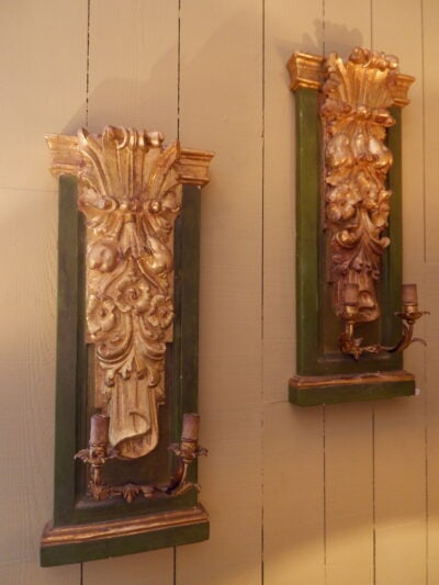 Pair of sconces in carved wood decorated with gold leaf 2 arms of light end of XIXth century