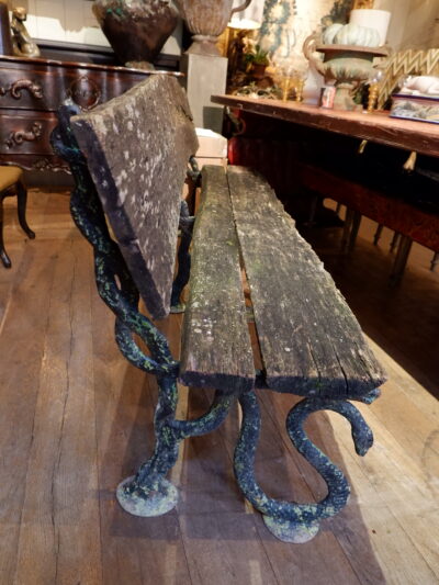 Large bench 3 places said "with snakes" in blue cast iron and wood ca.1860