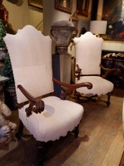 PAIR OF LARGE ITALIAN ARMCHAIRS WITH SCROLLED ARMS 18TH CENTURY
