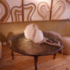 Table basse en bronze & plateau en verre fumé motif guilloché soleil ca.1960