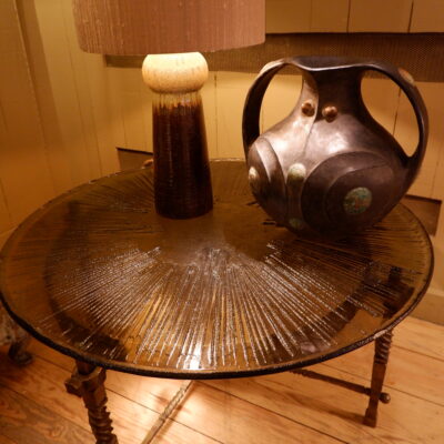 Coffee table in bronze & smoked glass top with sunburst guilloche pattern ca.1960