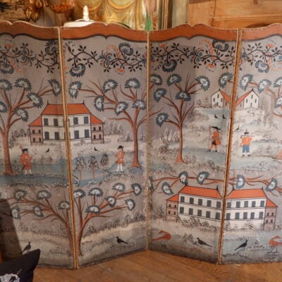 PARAVENT 4 FEUILLES DECOR NAIF PEINT SUR TOILE PERIODE REGENCE