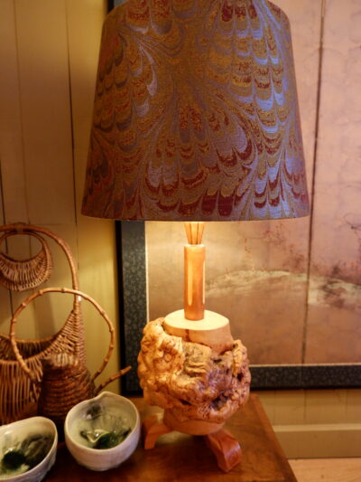 BIRCH ROOT LAMP AND SHADES IN SILK RUBELLI FLAME