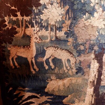 Large Aubusson tapestry depicting a castle and its garden on a background of greenery and animals - ca.1780