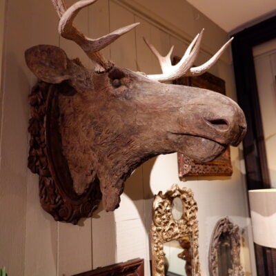 Tête d’élan en bois sculpté avec de vraies cornes ca.1800