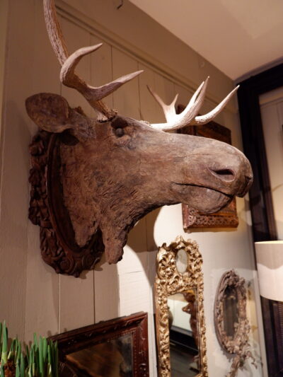 Carved wooden elk head with real horns ca.1800