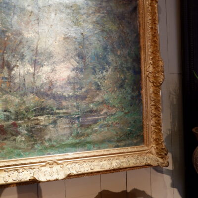 Huile sur toile “Mare dans un clairière au crépuscule” signée Emile Noirot – ca.1897