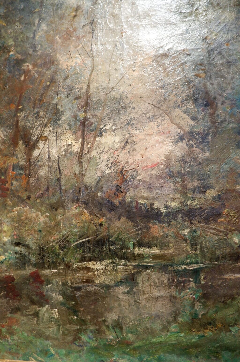 Huile sur toile "Mare dans un clairière au crépuscule" signée Emile Noirot - ca.1897 – Image 5