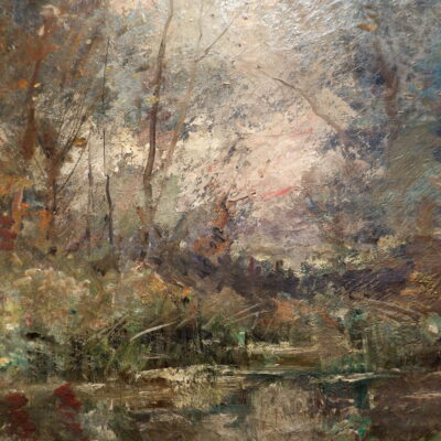 Oil on canvas "Pond in a clearing at dusk" signed Emile Noirot - ca.1897