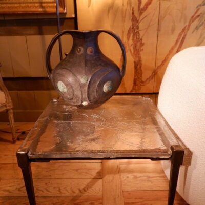 Square side table in hammered bronze and cast glass ca.1960