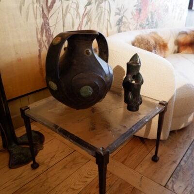 Square side table in hammered bronze and cast glass ca.1960