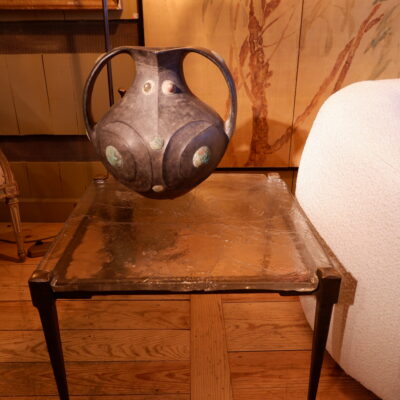 Square side table in hammered bronze and cast glass ca.1960