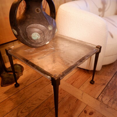 Square side table in hammered bronze and cast glass ca.1960