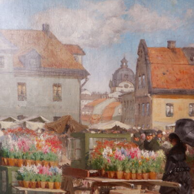 HUILE SUR TOILE MARCHE AUX FLEURS DE Stockholm PAR OLOF ARBORELIUS