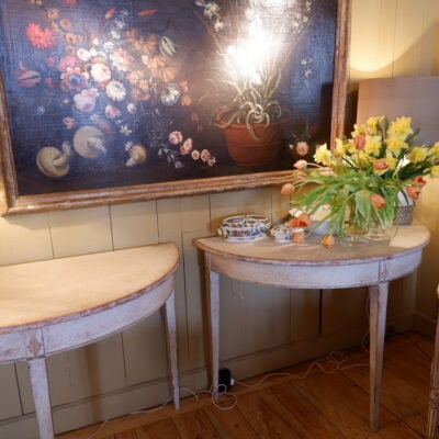 Pair of gustavian half-moon consoles with white patina 19th century