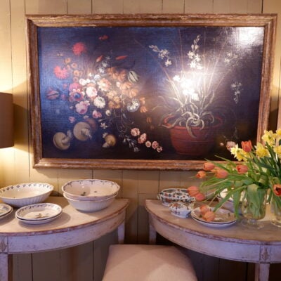 Large oil on canvas "still life flowers & mushrooms" - XVIIIE