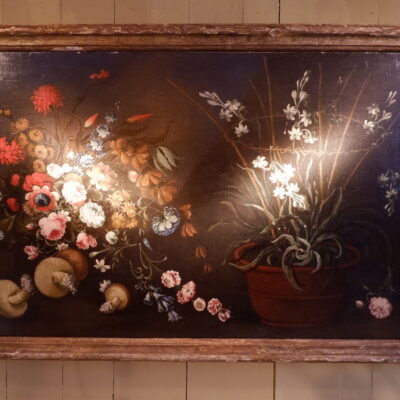 Grand huile sur toile italienne “nature morte fleurs & champignons” – XVIIIE