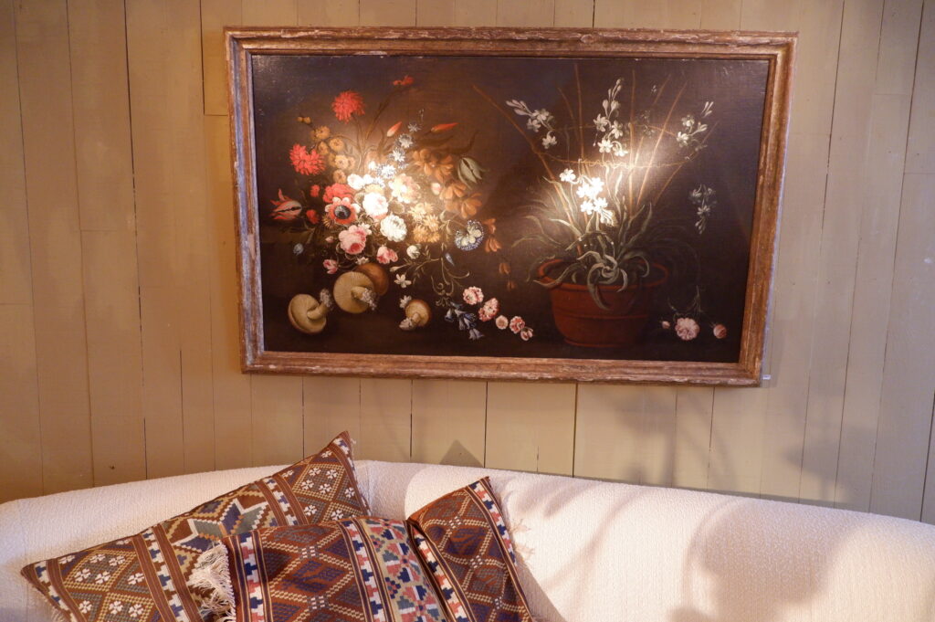 Grand huile sur toile italienne "nature morte fleurs & champignons" - XVIIIE – Image 2