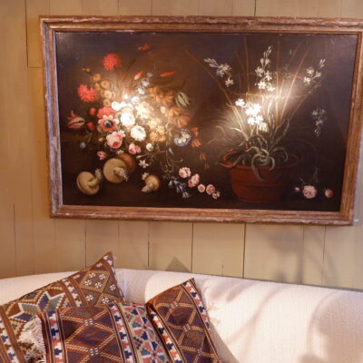 Grand huile sur toile italienne “nature morte fleurs & champignons” – XVIIIE