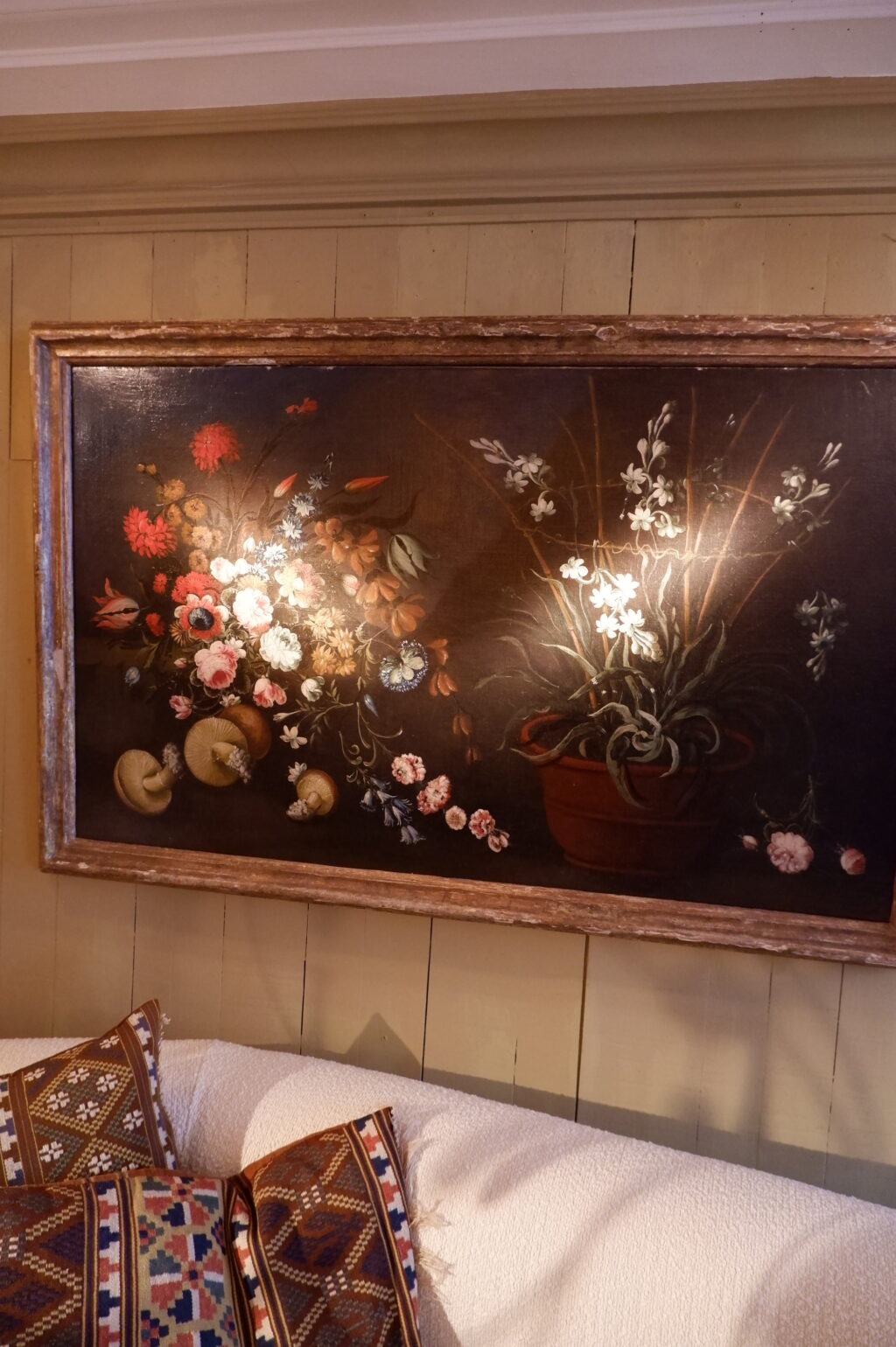 Grand huile sur toile italienne "nature morte fleurs & champignons" - XVIIIE