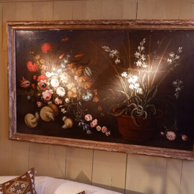 Grand huile sur toile italienne “nature morte fleurs & champignons” – XVIIIE