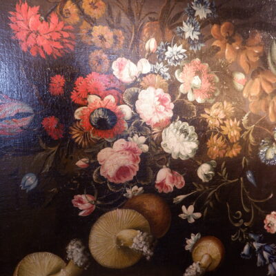 Grand huile sur toile italienne “nature morte fleurs & champignons” – XVIIIE