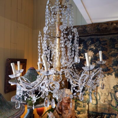 LARGE GENOVESE CHANDELIER XL GILDED WOOD AND CRYSTAL SIZE MID 19TH CENTURY