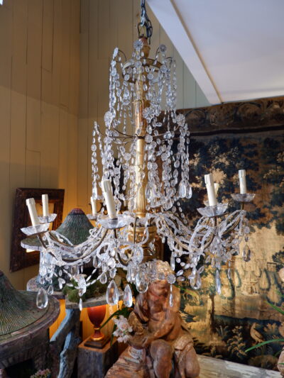 LARGE GENOVESE CHANDELIER XL GILDED WOOD AND CRYSTAL SIZE MID 19TH CENTURY
