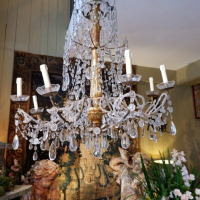 LARGE GENOVESE CHANDELIER XL GILDED WOOD AND CRYSTAL SIZE MID 19TH CENTURY