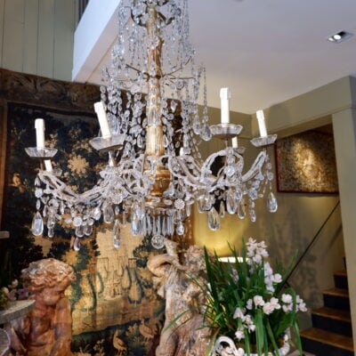 LARGE GENOVESE CHANDELIER XL GILDED WOOD AND CRYSTAL SIZE MID 19TH CENTURY