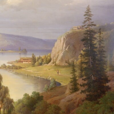 Large oil on canvas depicting a landscape near a lake - Signed J M Stäck ca.1866