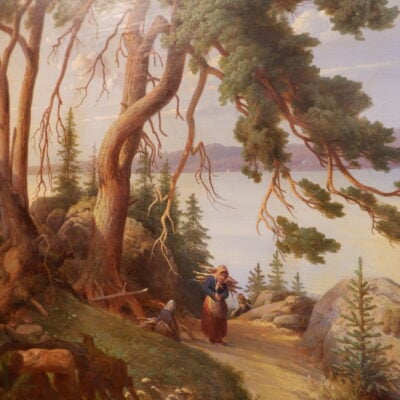 Large oil on canvas depicting a landscape near a lake - Signed J M Stäck ca.1866