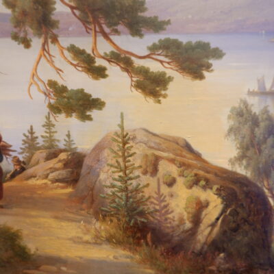 Large oil on canvas depicting a landscape near a lake - Signed J M Stäck ca.1866
