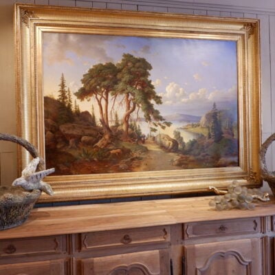 Large oil on canvas depicting a landscape near a lake - Signed J M Stäck ca.1866