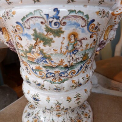 Pair of covered pots in Moustier earthenware - polychrome decoration