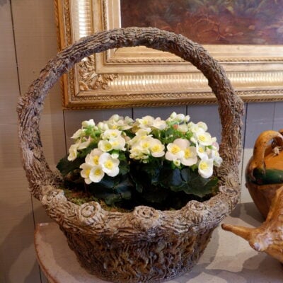 Pair of large cement baskets "faux-wood" + pigeon ca.1900