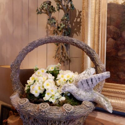 Pair of large cement baskets "faux-wood" + pigeon ca.1900